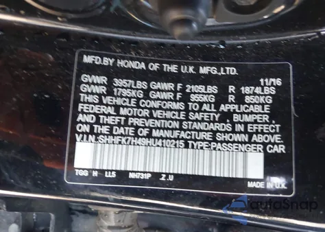 2017 Honda Civic Sport from USA, damaged, VIN SHHFK7H49HU410215